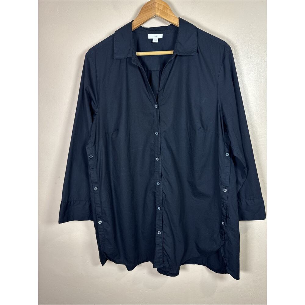 J. Jill Women Button Down Tunic XL Lagenlook Coastal Preppy 100% Cotton Black